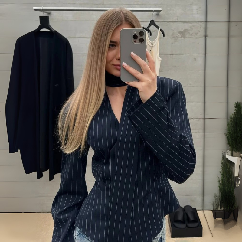 TARUXY™ RibbonLine Striped V-Neck Blazer