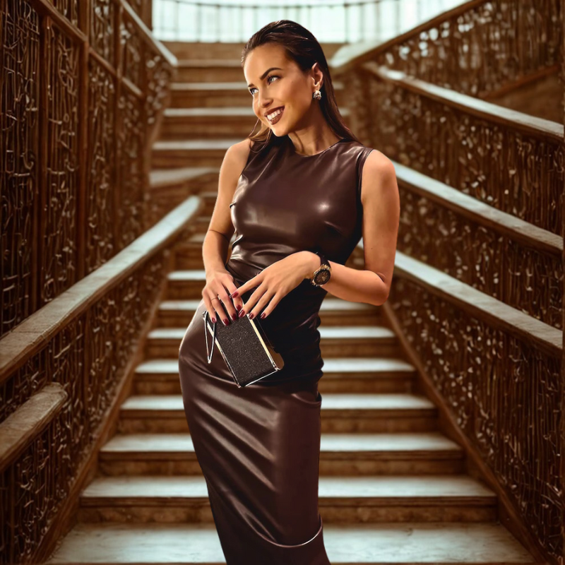 VelvetVixen™ SleekFit Leather Maxi Dress
