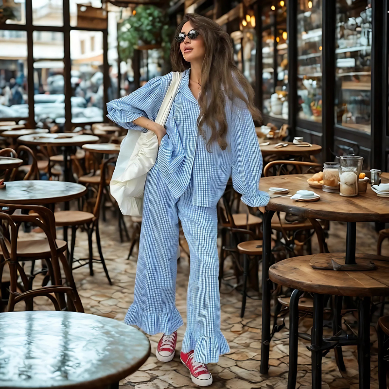 Clacive Women’s Plaid 3-Piece Set – Elegant Shirt & Wide-Leg Trousers