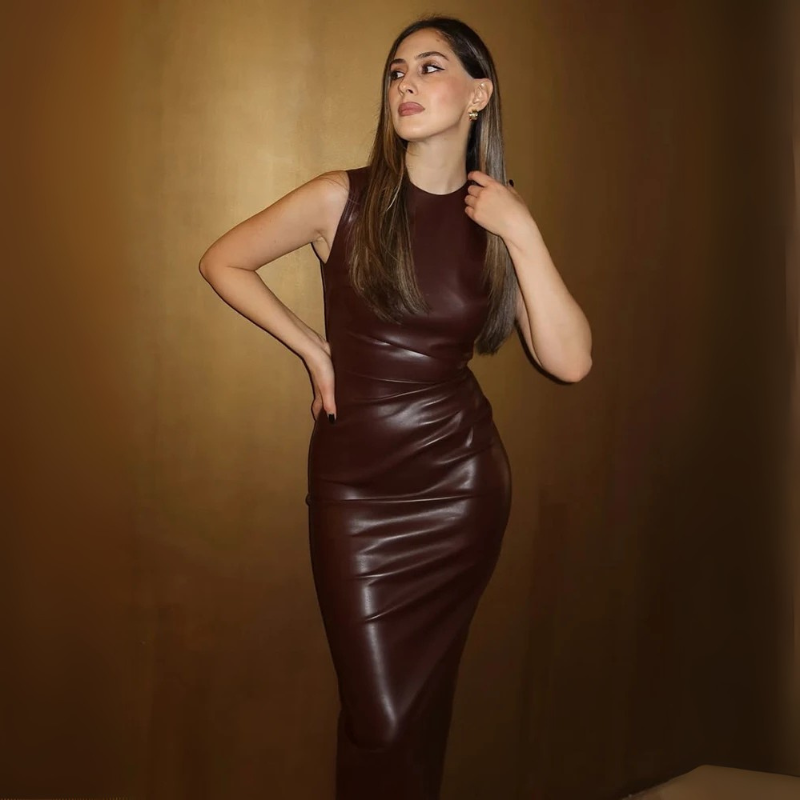 VelvetVixen™ SleekFit Leather Maxi Dress