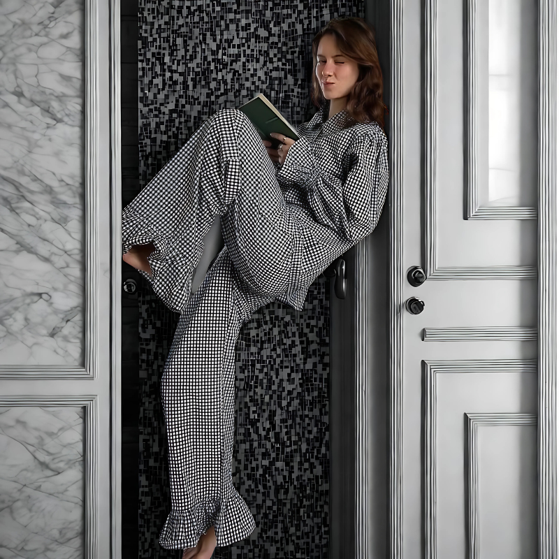 Clacive Women’s Plaid 3-Piece Set – Elegant Shirt & Wide-Leg Trousers