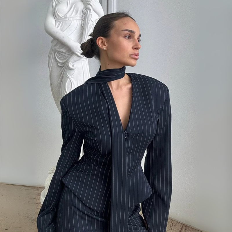 TARUXY™ RibbonLine Striped V-Neck Blazer