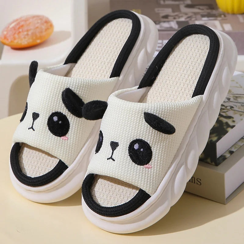 Cute Cartoon Cow, Frog & Panda Unisex Linen Slippers