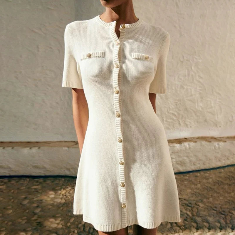 Elegant White Ribbed Button Dress