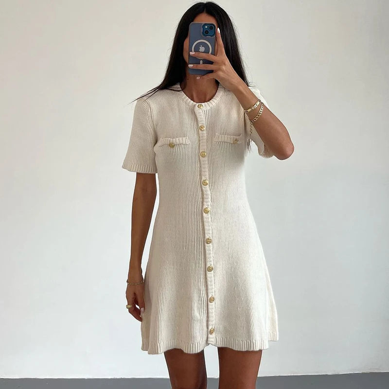 Elegant White Ribbed Button Dress