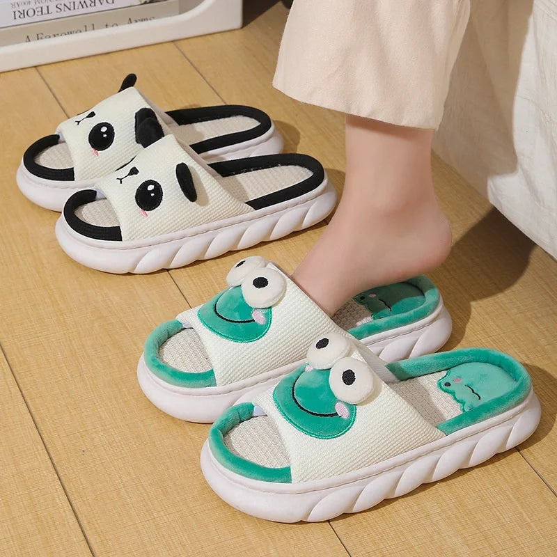 Cute Cartoon Cow, Frog & Panda Unisex Linen Slippers