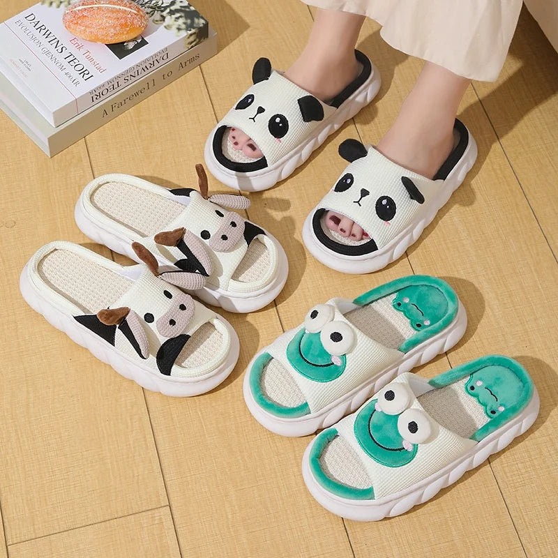 Cute Cartoon Cow, Frog & Panda Unisex Linen Slippers