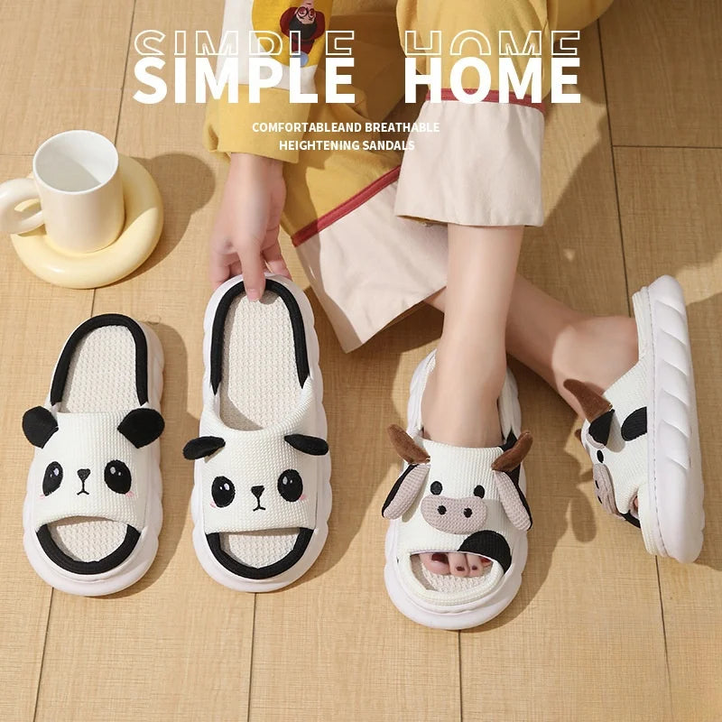 Cute Cartoon Cow, Frog & Panda Unisex Linen Slippers
