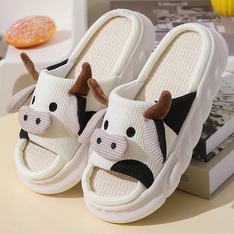 Cute Cartoon Cow, Frog & Panda Unisex Linen Slippers