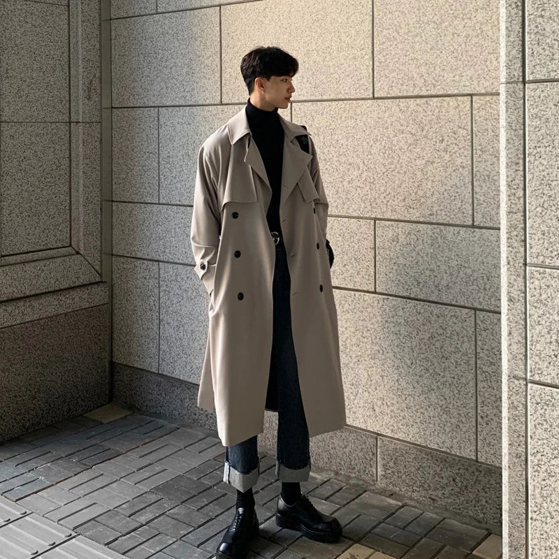 UrbanVibe™ Classic Korean Trench – Men’s Longline Streetwear Coat