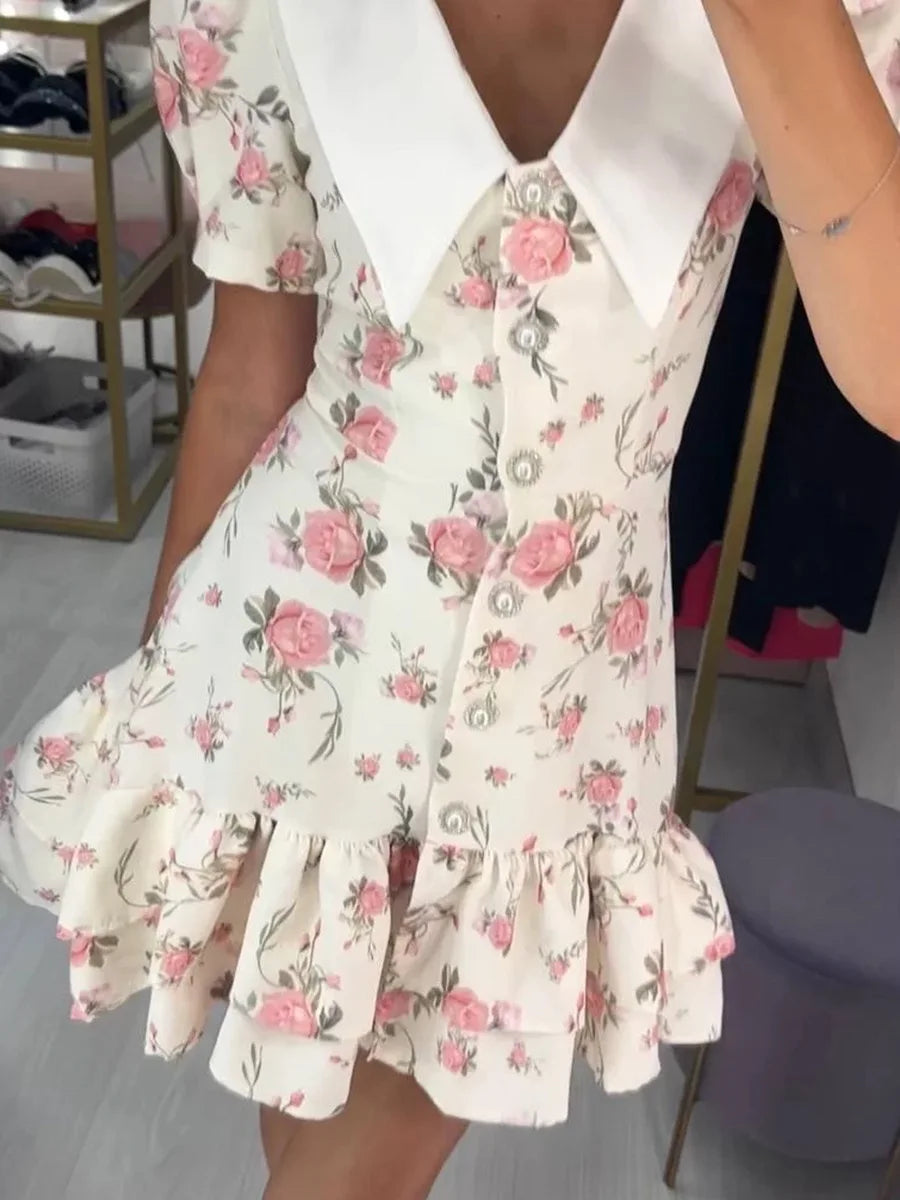 Tornova Women's Puff Sleeve Ruffled Mini Dress with Pearl Buttons