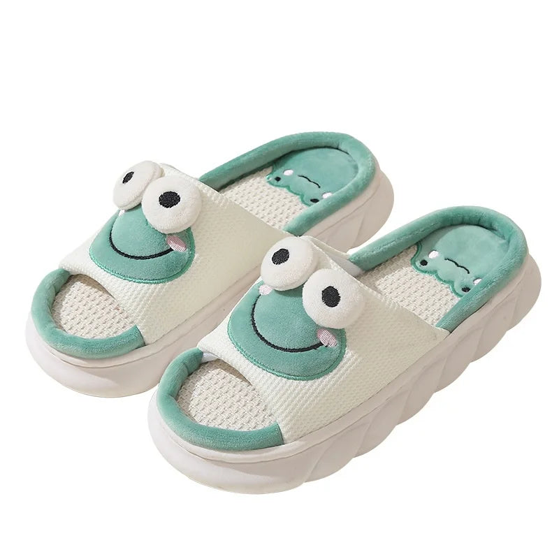 Cute Cartoon Cow, Frog & Panda Unisex Linen Slippers