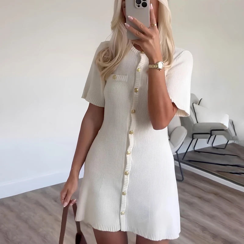 Elegant White Ribbed Button Dress