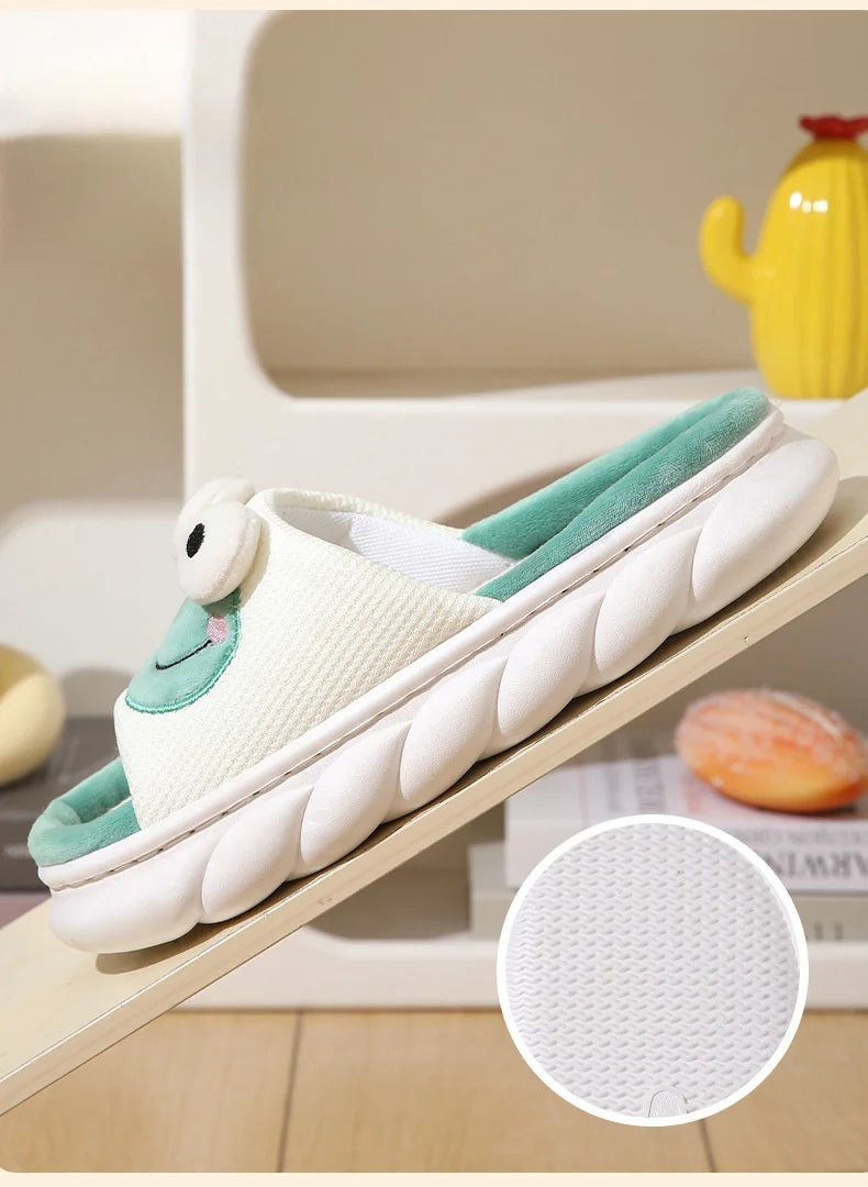 Cute Cartoon Cow, Frog & Panda Unisex Linen Slippers