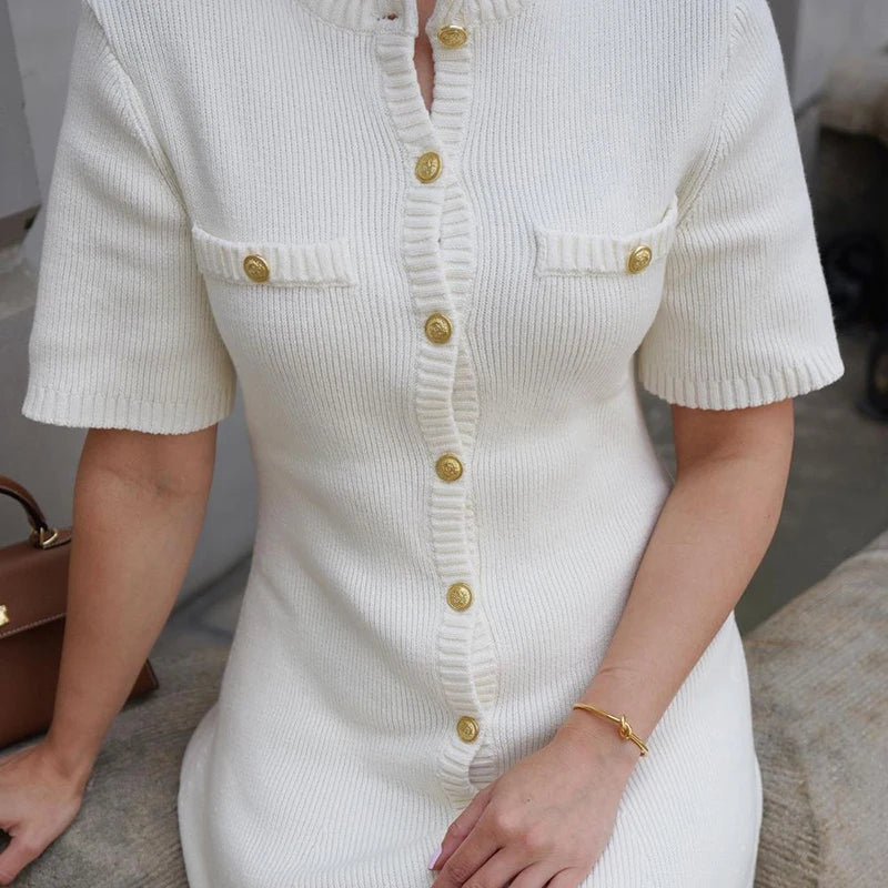 Elegant White Ribbed Button Dress