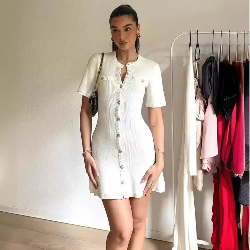 Elegant White Ribbed Button Dress