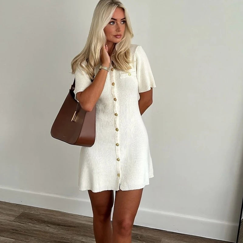 Elegant White Ribbed Button Dress
