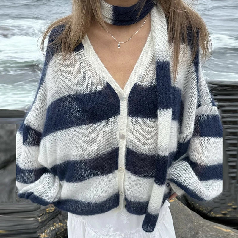 TARUXY™ RetroGlow Striped Knit Cardigan & Scarf Set