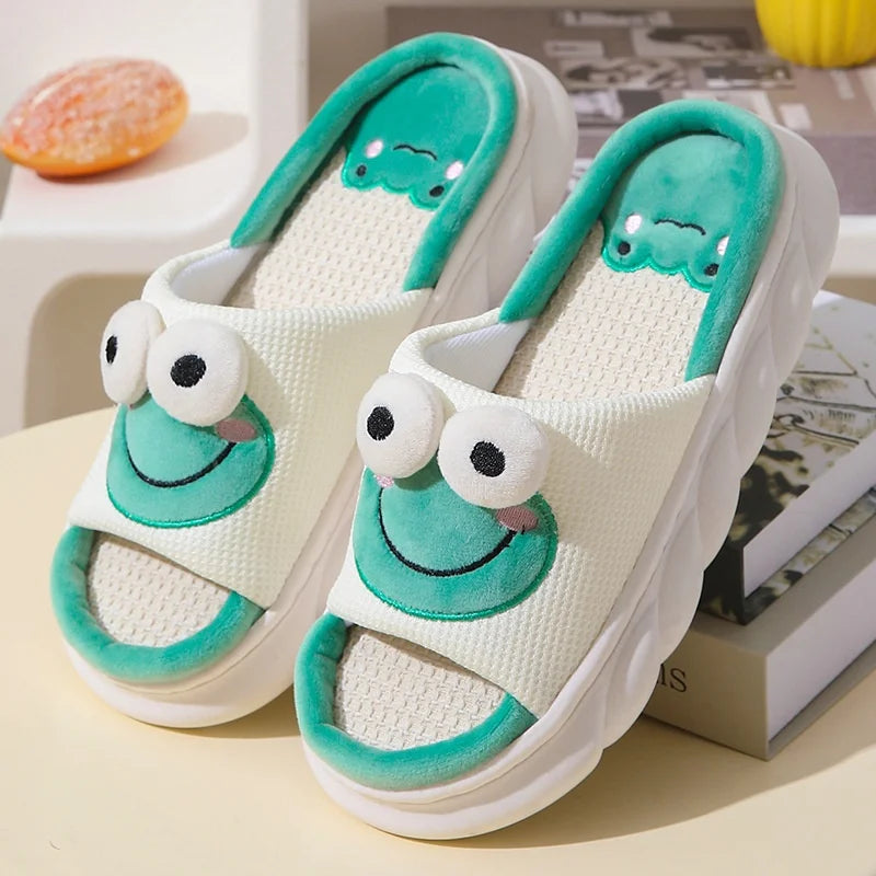 Cute Cartoon Cow, Frog & Panda Unisex Linen Slippers